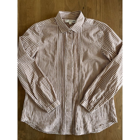 Uniqlo IDLF Ines de la Fressange cotton check gingham blouse M brown ivory - Picture 2 of 8